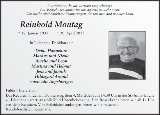 Traueranzeige von Reinhold Montag von FZ