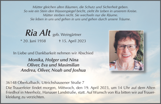 Traueranzeige von Ria Alt von FZ