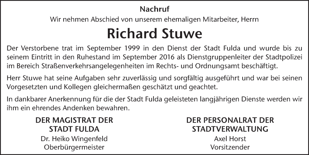  Traueranzeige für Richard Stuwe vom 27.04.2023 aus FZ