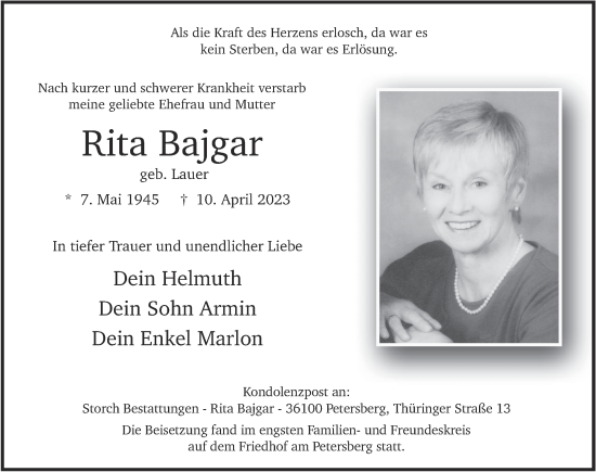 Traueranzeige von Rita Bajgar von FZ