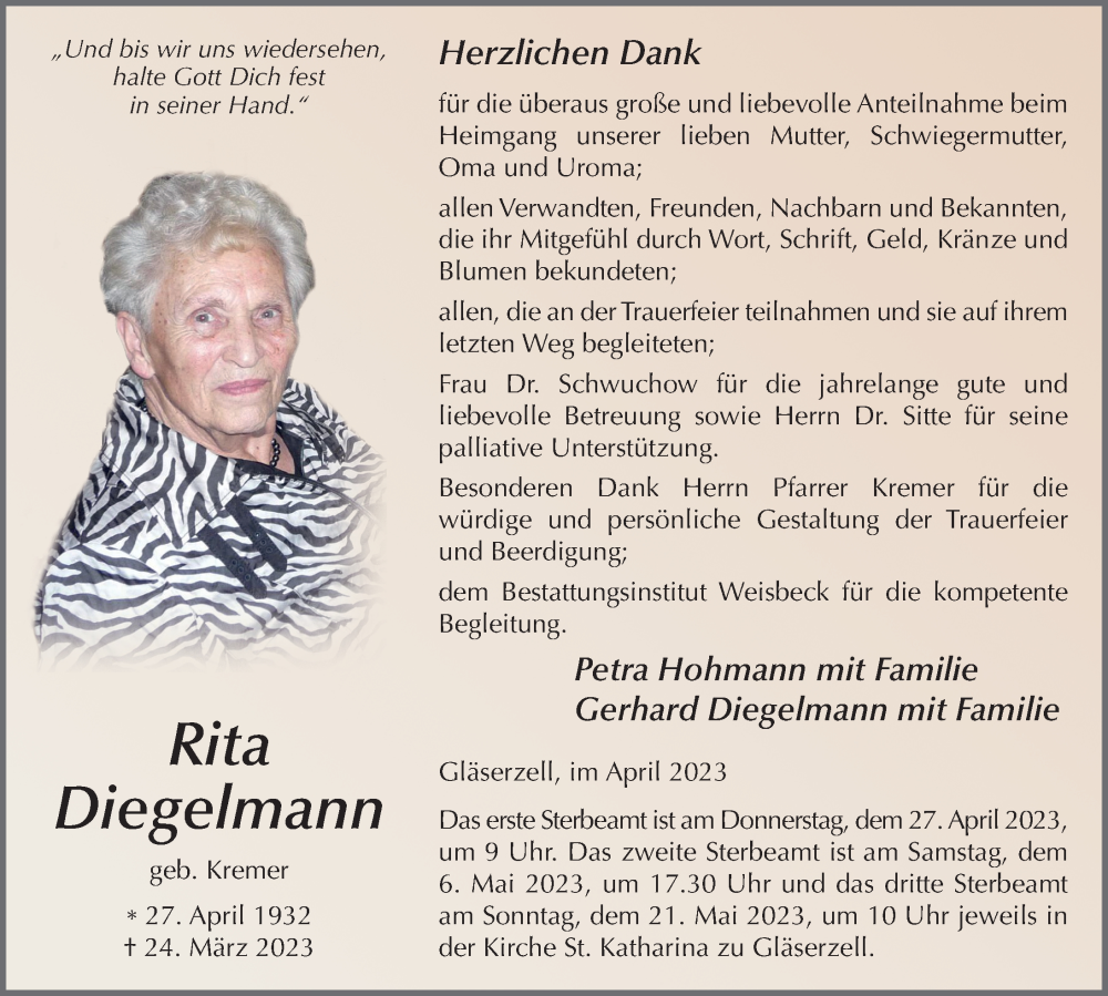  Traueranzeige für Rita Diegelmann vom 22.04.2023 aus FZ