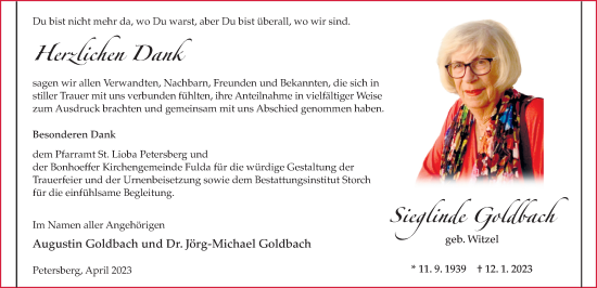 Traueranzeige von Sieglinde Goldbach von FZ