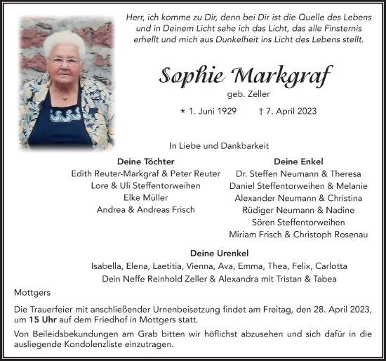 Traueranzeige von Sophie Markgraf von FZ