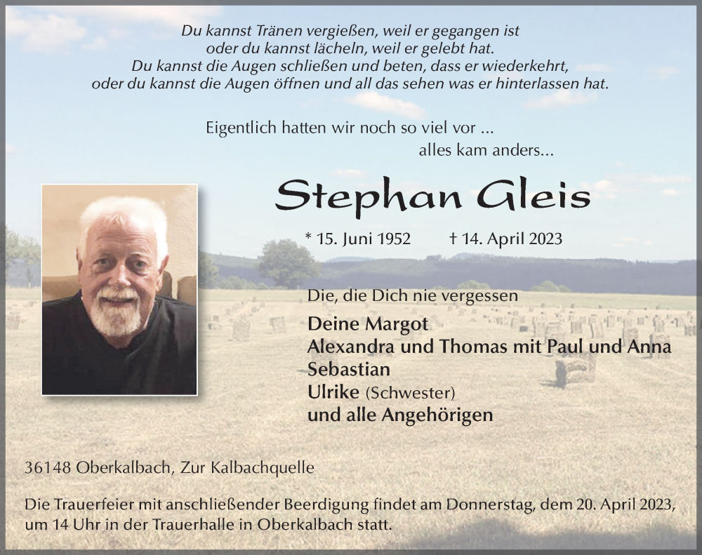  Traueranzeige für Stephan Gleis vom 18.04.2023 aus FZ