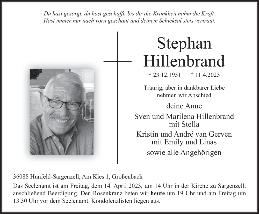  Traueranzeige für Stephan Hillenbrand vom 13.04.2023 aus FZ