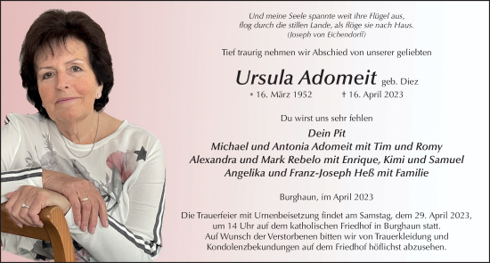 Traueranzeige von Ursula Adomeit von FZ
