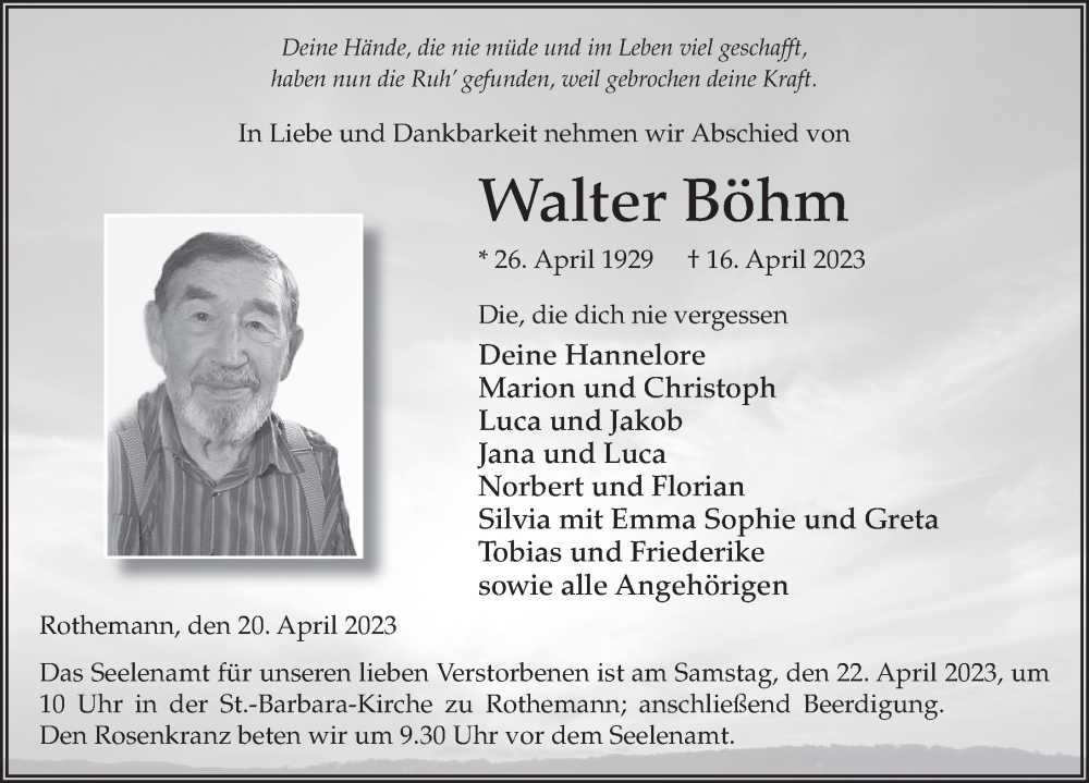  Traueranzeige für Walter Böhm vom 20.04.2023 aus FZ