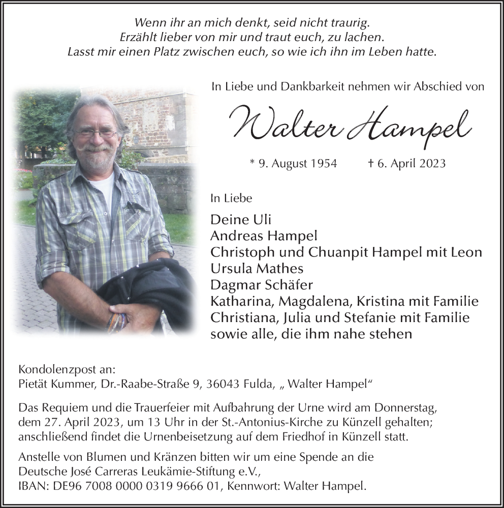  Traueranzeige für Walter Hampel vom 22.04.2023 aus FZ