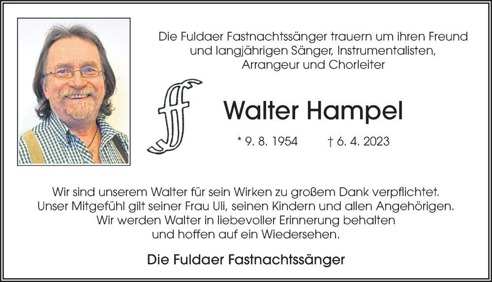  Traueranzeige für Walter Hampel vom 22.04.2023 aus FZ