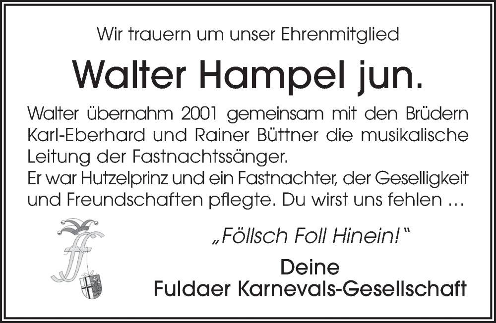  Traueranzeige für Walter Hampel vom 22.04.2023 aus FZ