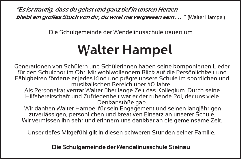  Traueranzeige für Walter Hampel vom 22.04.2023 aus FZ