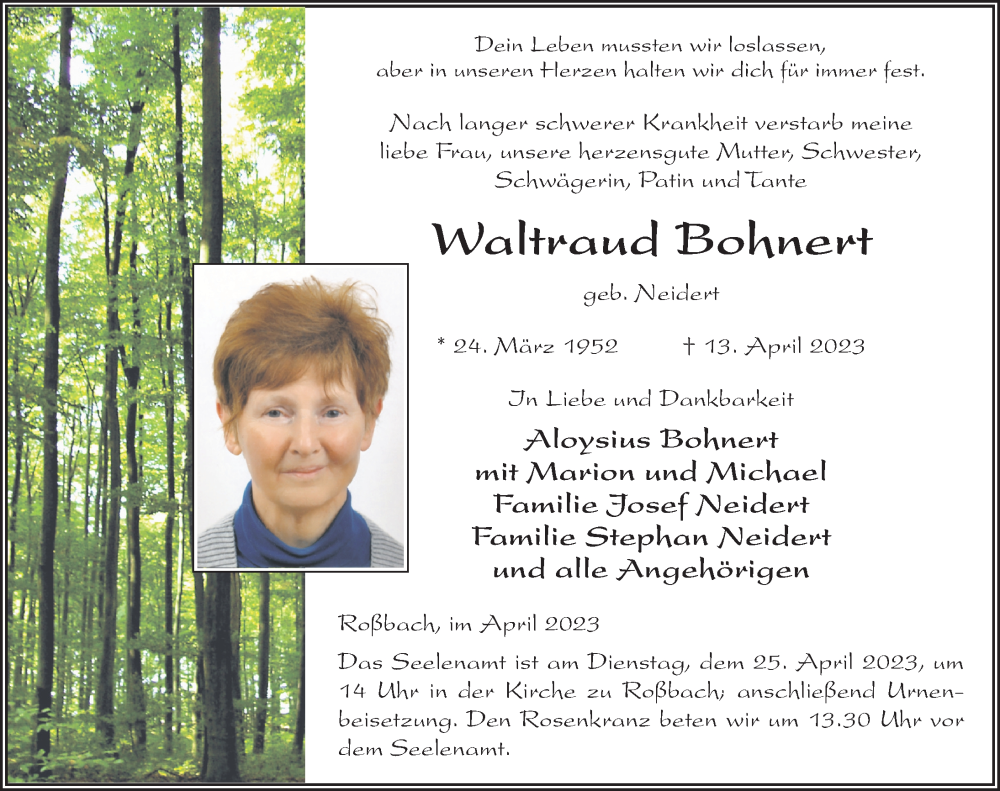  Traueranzeige für Waltraud Bohnert vom 21.04.2023 aus FZ