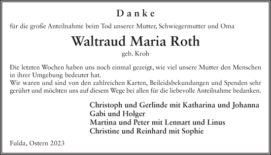 Traueranzeige von Waltraud Maria Roth von FZ