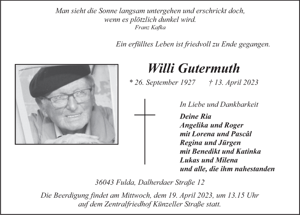  Traueranzeige für Willi Gutermuth vom 17.04.2023 aus FZ