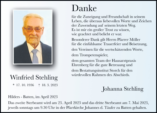 Traueranzeige von Winfried Stehling von FZ