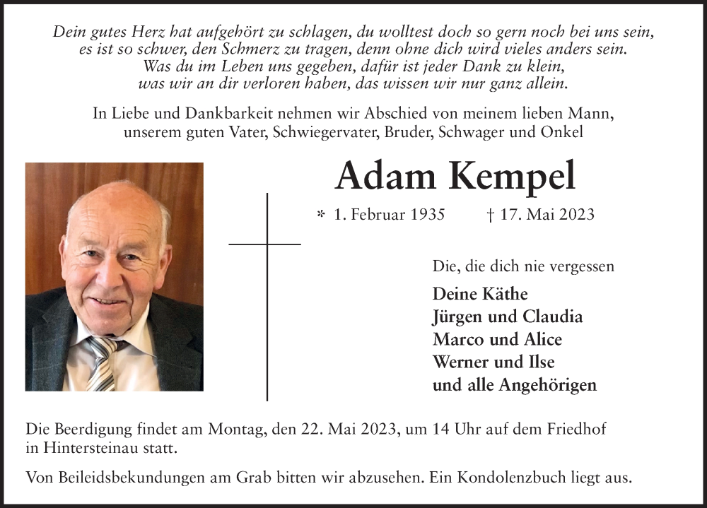  Traueranzeige für Adam Kempel vom 20.05.2023 aus FZ