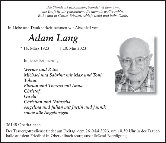 Traueranzeige von Adam Lang von FZ