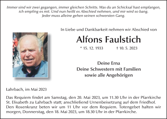 Traueranzeige von Alfons Faulstich von FZ