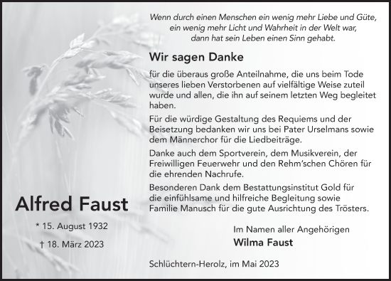 Traueranzeige von Alfred Faust von FZ