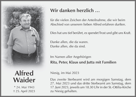 Traueranzeige von Alfred Waider von FZ