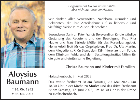Traueranzeige von Aloysius Baumann von FZ