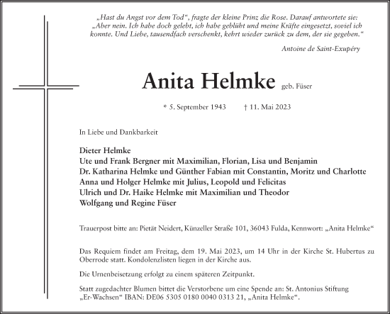 Traueranzeige von Anita Helmke von FZ