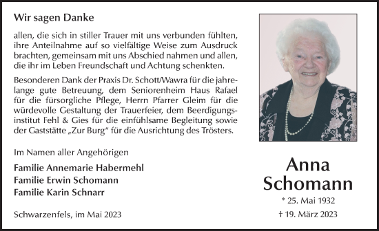 Traueranzeige von Anna Schomann von FZ