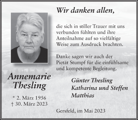 Traueranzeige von Annemarie Thesling von FZ