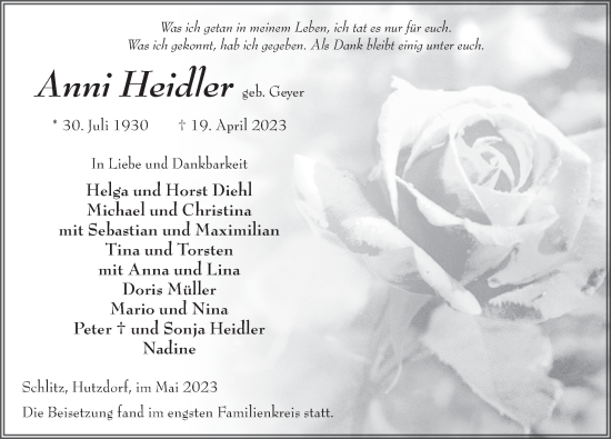 Traueranzeige von Anni Heidler von FZ