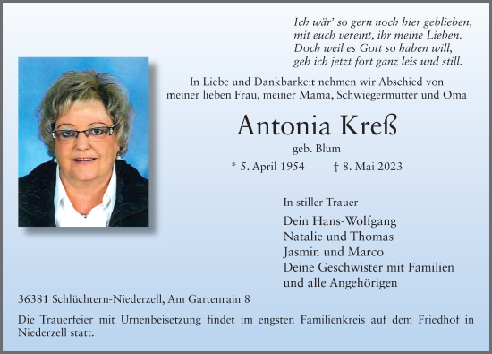 Traueranzeige von Antonia Kreß von FZ