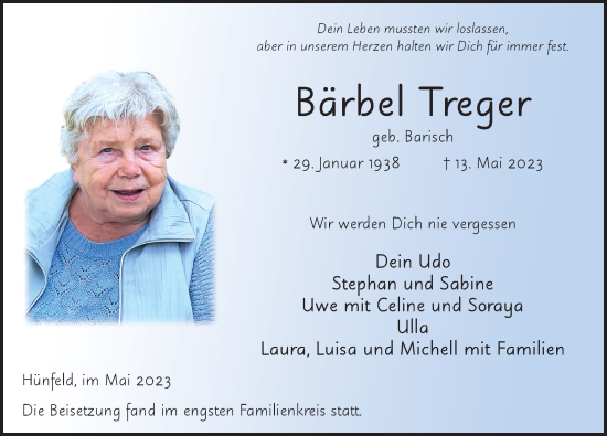 Traueranzeige von Bärbel Treger von FZ