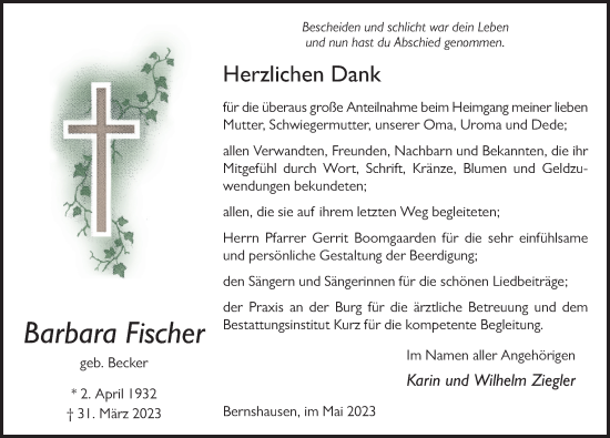 Traueranzeige von Barbara Fischer von FZ