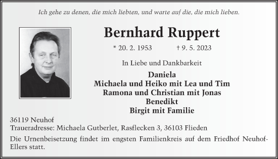 Traueranzeige von Bernhard Ruppert von FZ