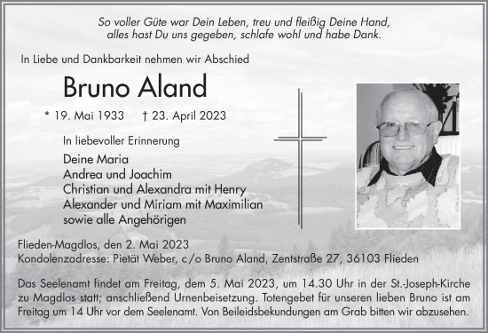 Traueranzeige von Bruno Aland von FZ