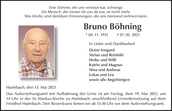 Traueranzeige von Bruno Böhning von FZ