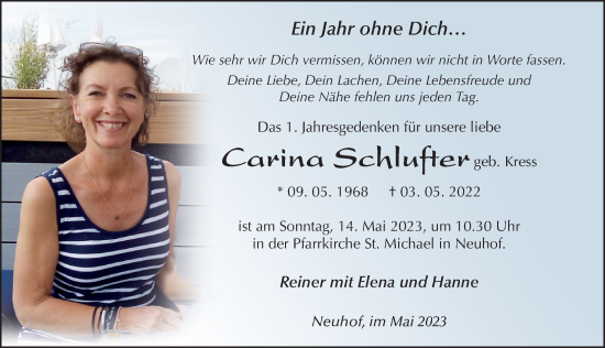 Traueranzeige von Carina Schlufter von FZ