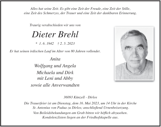 Traueranzeige von Dieter Brehl von FZ