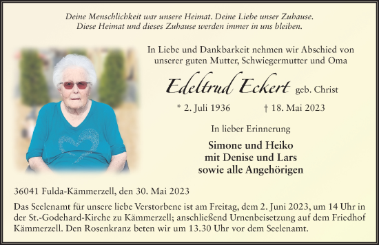 Traueranzeige von Edeltrud Eckert von FZ