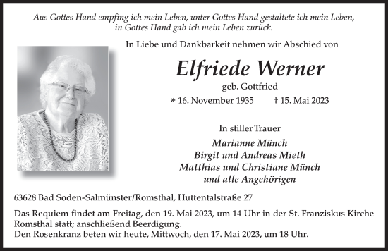 Traueranzeige von Elfriede Werner von FZ