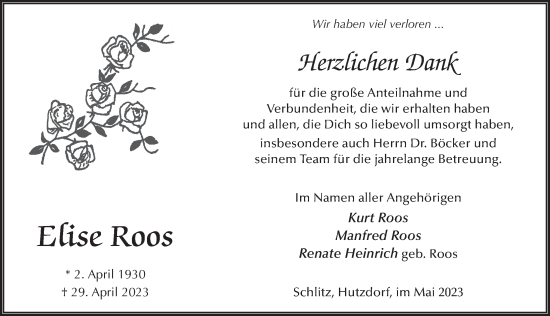 Traueranzeige von Elise Roos von FZ