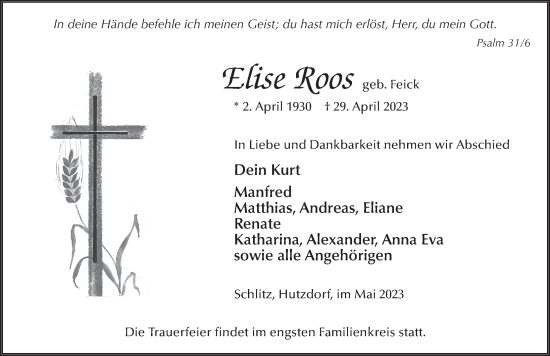 Traueranzeige von Elise Roos von FZ