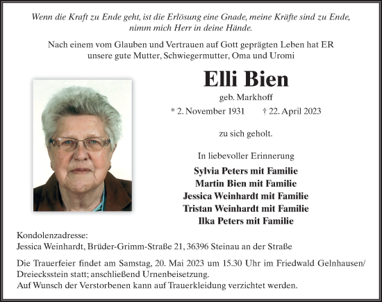 Traueranzeige von Elli Bien von FZ