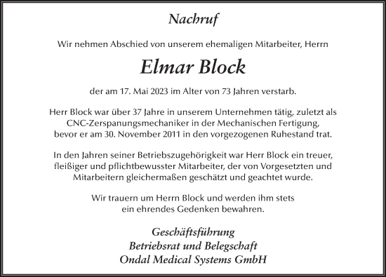 Traueranzeige von Elmar Block von FZ