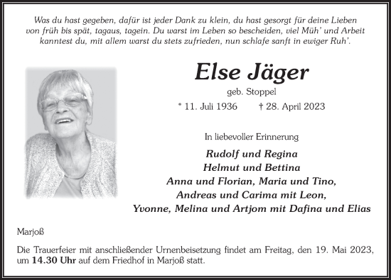 Traueranzeige von Else Jäger von FZ