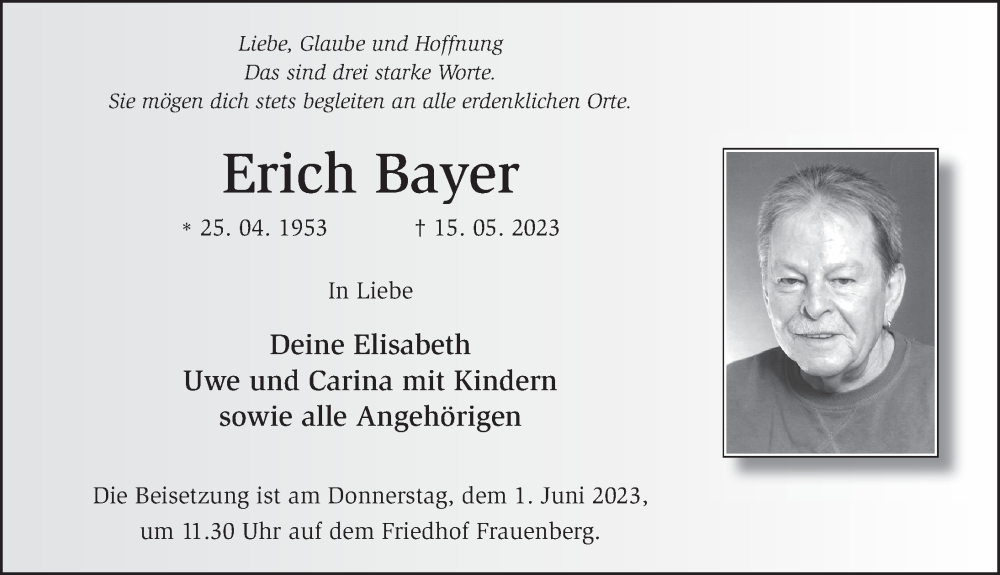  Traueranzeige für Erich Bayer vom 27.05.2023 aus FZ