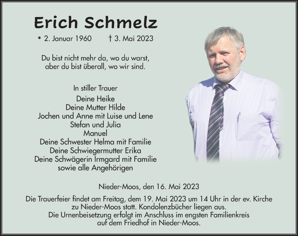  Traueranzeige für Erich Schmelz vom 16.05.2023 aus FZ