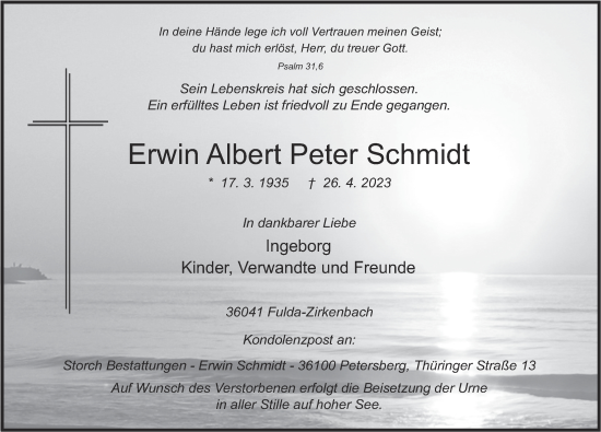 Traueranzeige von Erwin Albert Peter Schmidt von FZ