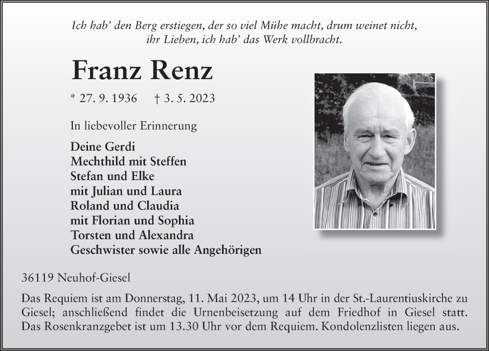  Traueranzeige für Franz Renz vom 08.05.2023 aus FZ