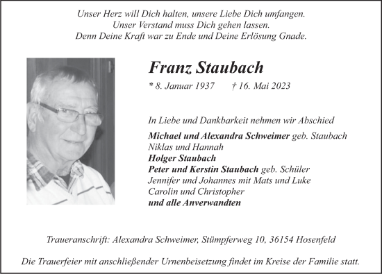 Traueranzeige von Franz Staubach von FZ