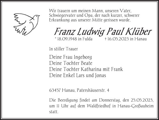 Traueranzeige von Franz Ludwig Paul Klüber von FZ